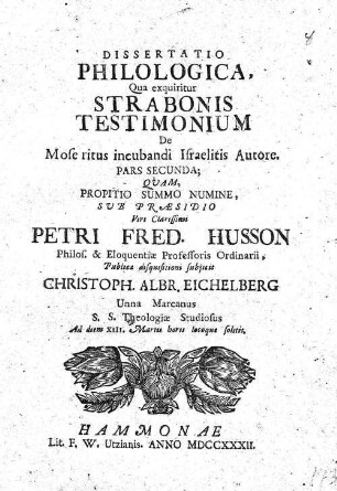 2: Dissertatio philologica, qua exquiritur Strabonis testimonium de Mose ritus incubandi Israelitis autore