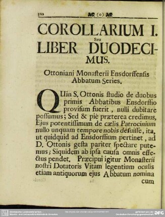 Corollarium I. Seu Liber Duodecimus. Ottoniani Monasterii Ensdorffensis Abbatum Series