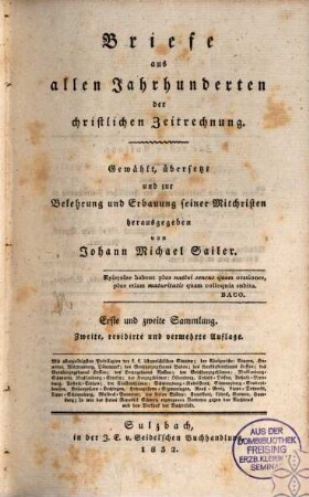 Johann Michael Sailer's sämmtliche Werke, 10. Theologische Schriften: Briefe aus allen Jahrhunderten der christlichen Zeitrechnung : 1. und 2. Sammlung