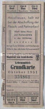 Lebensmittel-Bezugsschein aus der DDR (Berlin) mit der Aufforderrung zur Sammlung von Küchenabfällen