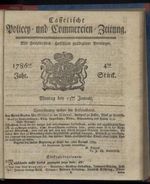 4tes Stueck, Montag den 23ten Januar. 1786