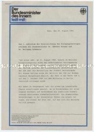 Presseinformation mit der Erklärung der Minister Krause und Schäuble zum 1. Jahrestag der Unterzeichnung des Einigungsvertrages
