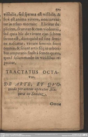 Tractatus Octavus. De Arte, Et Quomodo per artem operatur Natura in Semine