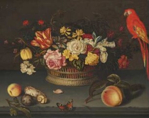 Stillleben mit Blumenkorb und Papagei