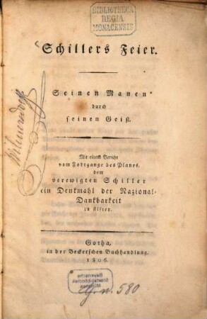 Schillers Feier : Seinen Manen durch seinen Geist