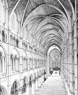Laon, Kathedrale Notre-Dame, Inneres, Mittelschiff nach Osten (graph. Darstellung)