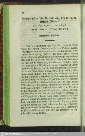 Etwas über die Begattung der Kiefern-Blatt-Wespe (Lophyrus pini. Latr. Klug.) : nebst deren Beschreibung