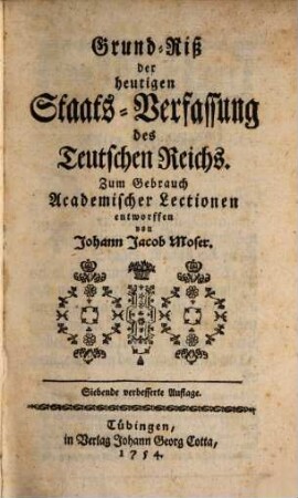 Grund-Riß der heutigen Staats-Verfassung des Teutschen Reichs : Zum Gebrauch academischer Lectionen