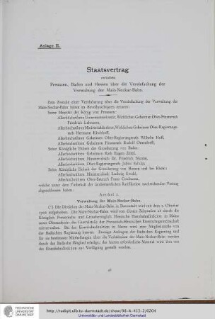 Anhang II: Staatsvertrag zwischen Preussen, Baden und Hessen über die Vereinfachung der Verwaltung der Main-Neckar-Bahn