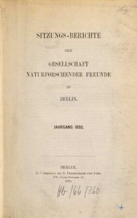 Sitzungsberichte der Gesellschaft Naturforschender Freunde zu Berlin. 1892