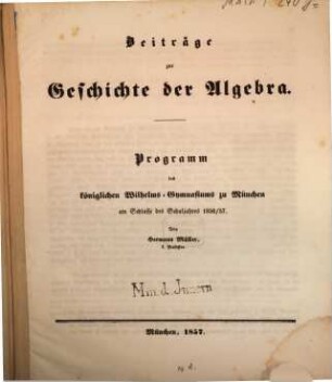 Beiträge zur Geschichte der Algebra