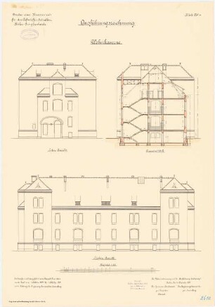 Kaserne für das Luftschiffer-Bataillon, Berlin-Jungfernheide: Wohnkaserne: Querschnitt, Seitenansicht, Straßenansicht 1:100