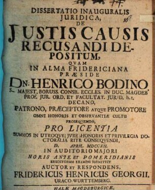 Dissertatio inauguralis iuridica de iustis causis recusandi depositum