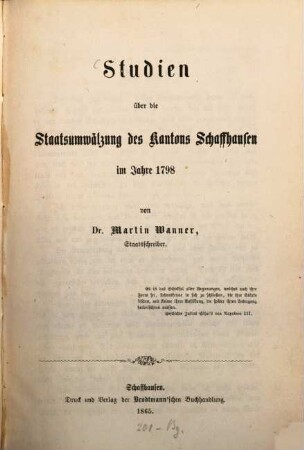 Studien über die Staatsumwälzung des Kantons Schaffhausen im Jahre 1798