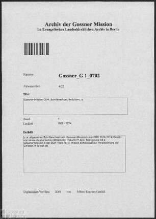 Gossner Mission DDR, Schriftwechsel, Berichte u. a.