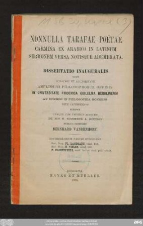 Nonnulla Tarafae poëtae : carmina ex Arabico in Latinum sermonem versa notisque adumbrata