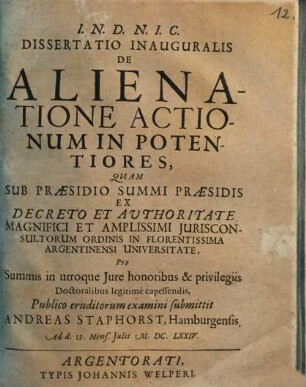 Dissertatio inauguralis de alienatione actionum in potentiores