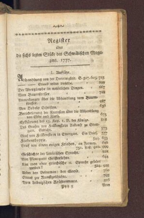 Register über die sechs letzten Stüke des Schwäbischen Magazins. 1777
