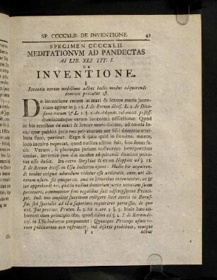 43-63, Meditat. Ad Pandect. Sp. CCCCXLII. De Inventione. Meditat. Ad Pandect. Sp. CCCCXLIII. De Rebvs Derelictis.