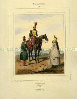 Uniformdarstellung, Offiziere des 5. Dragoner-Regiments, Königreich Frankreich, 1840/1847. Tafel Nr. 28 aus: Galerie Militaire.