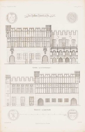 Kaufhaus Gürzenich, Köln: Ansicht von Osten, Ansicht von Westen, Details (aus: Atlas zur Zeitschrift für Bauwesen, hrsg. v. G. Erbkam, Jg. 12, 1862)