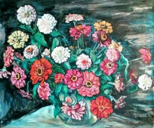 unbenannt [Zinnien in kugeliger Glasvase]