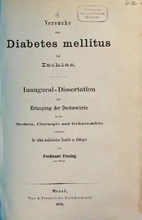Versuche zum Diabetes mellitus bei Ischias : Inaug.-Diss. von Göttingen