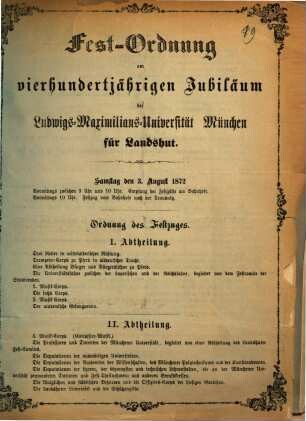 Fest-Ordnung am vierhundertjährigen Jubiläum der Ludwigs-Maximilians-Universität München für Landshut