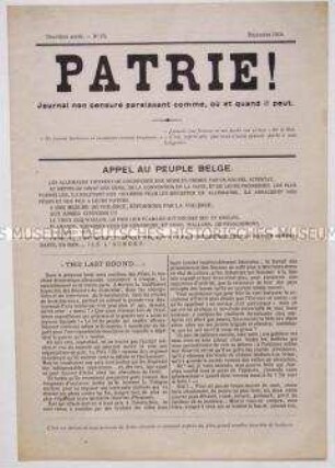 Illegales Mitteilungsblatt aus dem besetzten Belgien "Patrie!" mit einem Appell an das belgische Volk
