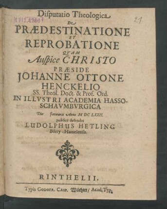 Disputatio Theologica De Praedestinatione Et Reprobatione