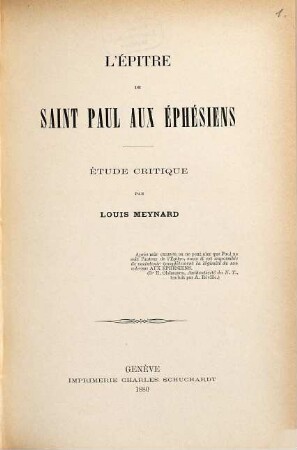 L'épître de Saint Paul aux Éphésiens : étude critique