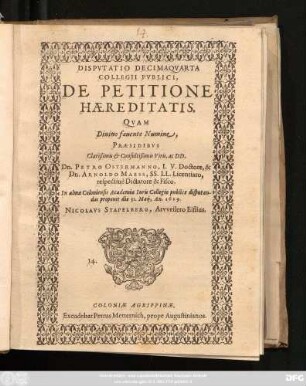 Disputatio Decimaquarta Collegii Publici, De Petitione Haereditatis