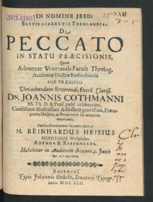 Brevis Diaskepsis Theologica, De Peccato In Statu Praecisionis