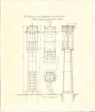Thiersch, August ; Transformationsstationen, Masttransformatoren, Entwürfe - III. Vorschlag zur Gestaltung der Gebiet'schen "Ideal" Mastentransformatorenstation (Teilgrundrisse, Ansichten, Teilansicht)