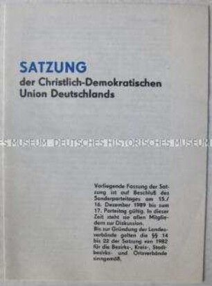 Satzung des CDU der DDR vom Sonderparteitag im Dezember 1989