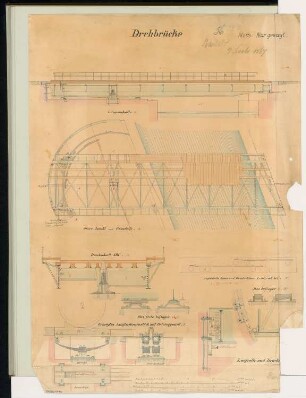 Drehbrücke Monatskonkurrenz November 1867: Grundriss, Längsschnitt, Querschnitt, mehrere Konstruktionsdetails; 4 Maßstabsleisten