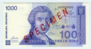 Kroatische Nationalbank: 1.000 Dinar 1991 Probe