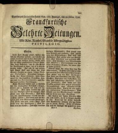 Num. LXI. Freytags, den 30. Julius. 1756 - Num. LXX. Dienstags, den 31. August. 1756
