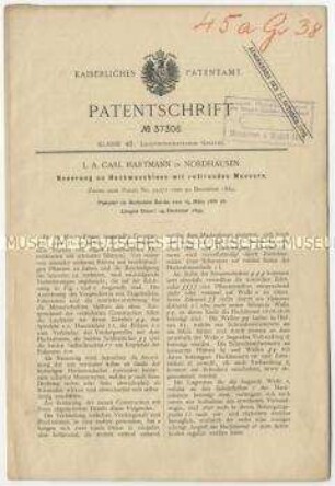 Patentschrift einer Neuerung an Hackmaschinen mit rotierenden Messern, Patent-Nr. 37306