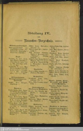 Abteilung IV. Berufsklassen und Gewerbebetriebe : Abteilung IV. Branchen-Verzeichnis