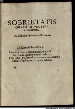 Sobrietatis oratio invectiva in Ebrietatem : ad studiosam iuventutem Germaniae ...