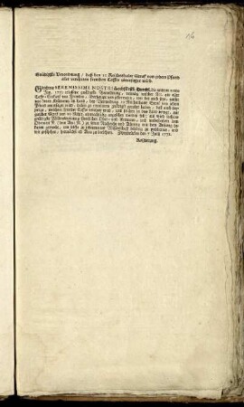 Gnädigste Verordnung, daß bey 10 Reichsthaler Straf von jedem Pfund aller verehrten fremden Caffee untersaget wird : Zweybrücken den 7 Julii 1772