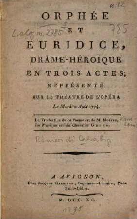 Orphée et Euridice : drame-héroïque en trois actes