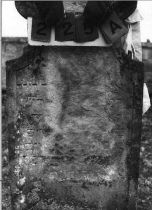 Grabstein 225 (Index: 100115116) Material: Sandstein Zustand: sehr stark verwittert mit sehr großem Textverlust Maße HxBxT: 145x61x14 cm Beschreibung: Stele mit Hufeisenbogen: Grabstein 225A