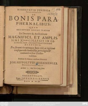 Dissertatio Iuridica Inauguralis De Bonis Paraphernalibus