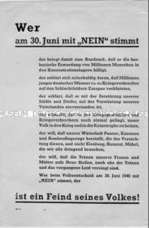 Aufruf zum Volksentscheid zur Enteignung der Kriegsverbrecher in Sachsen