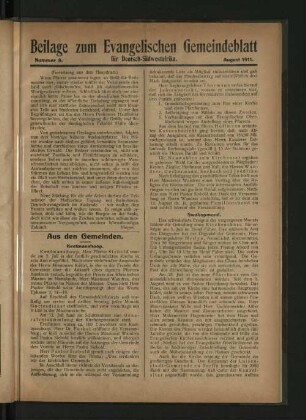 Beilage zum Evangelischen Gemeindeblatt für Deutsch-Südwestafrika, Nummer 8.