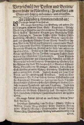 Verzeichnüß der Posten und Botten/ wann solche in Nürnberg/ Frankfurt am Mayn und Leipzig ankommen/ und ablauffen.