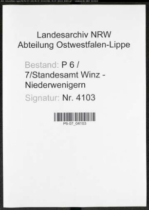 Sterberegister Standesamt Winz - Niederwengern