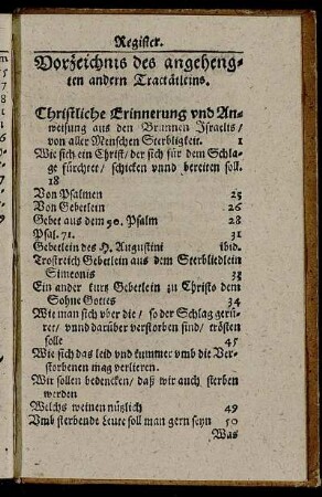 Verzeichnis des angehengten andern Tractätleins